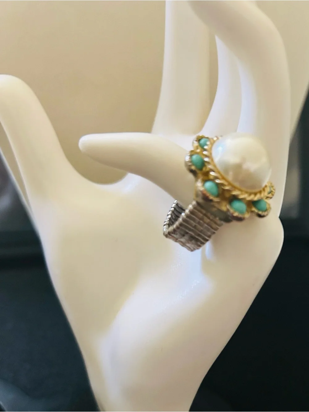 Gold Flower Statement Stretch Ring with Pearl with Faux Turquoise Accents
